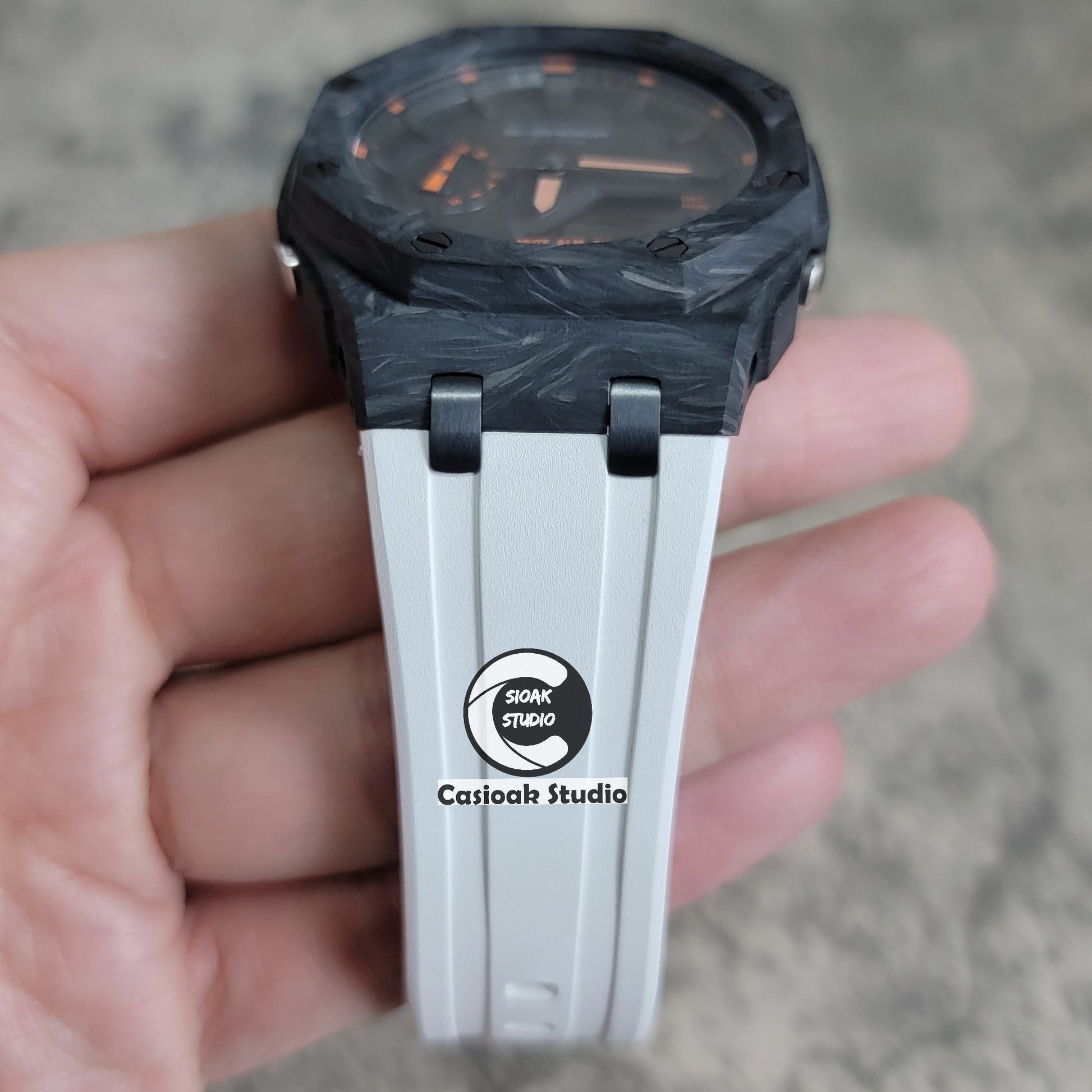 Casioak Mod Carbon Fiber Offshore Superior Black Case White Strap Black Time Mark Black Dial 44mm Orange Style- Casioak Mod Casio G-Shock Royal Oak Custom Mens Luxury Watches Ga2100