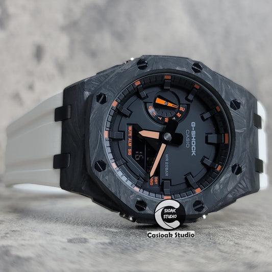 Casioak Mod Carbon Fiber Offshore Superior Black Case White Strap Black Time Mark Black Dial 44mm Orange Style- Casioak Mod Casio G-Shock Royal Oak Custom Mens Luxury Watches Ga2100