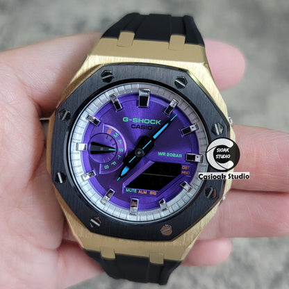 Casioak Mod Gold Black Case Black Rub Silver Time Mark Purple Dial 44mm- Casioak Mod Casio G-Shock Royal Oak Custom Mens Luxury Watches Ga2100