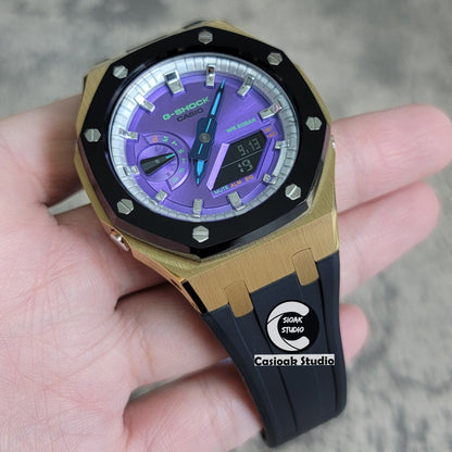 Casioak Mod Gold Black Case Black Rub Silver Time Mark Purple Dial 44mm- Casioak Mod Casio G-Shock Royal Oak Custom Mens Luxury Watches Ga2100