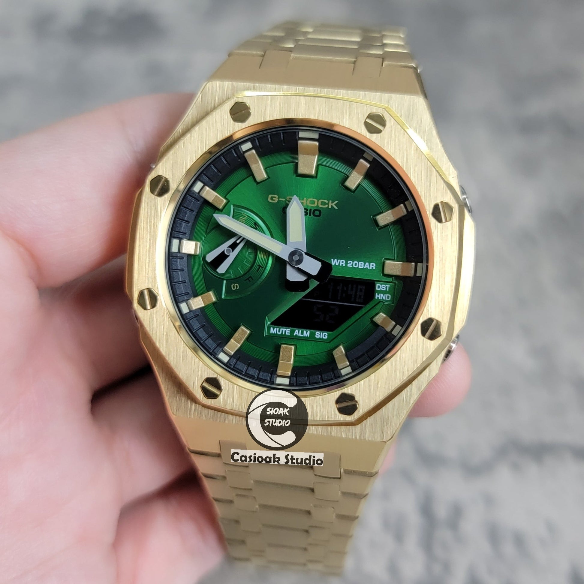 Casioak Mod Gold Case Metal Strap Black Gold Time Mark Green Dial 44mm- Casioak Mod Casio G-Shock Royal Oak Custom Mens Luxury Watches Ga2100