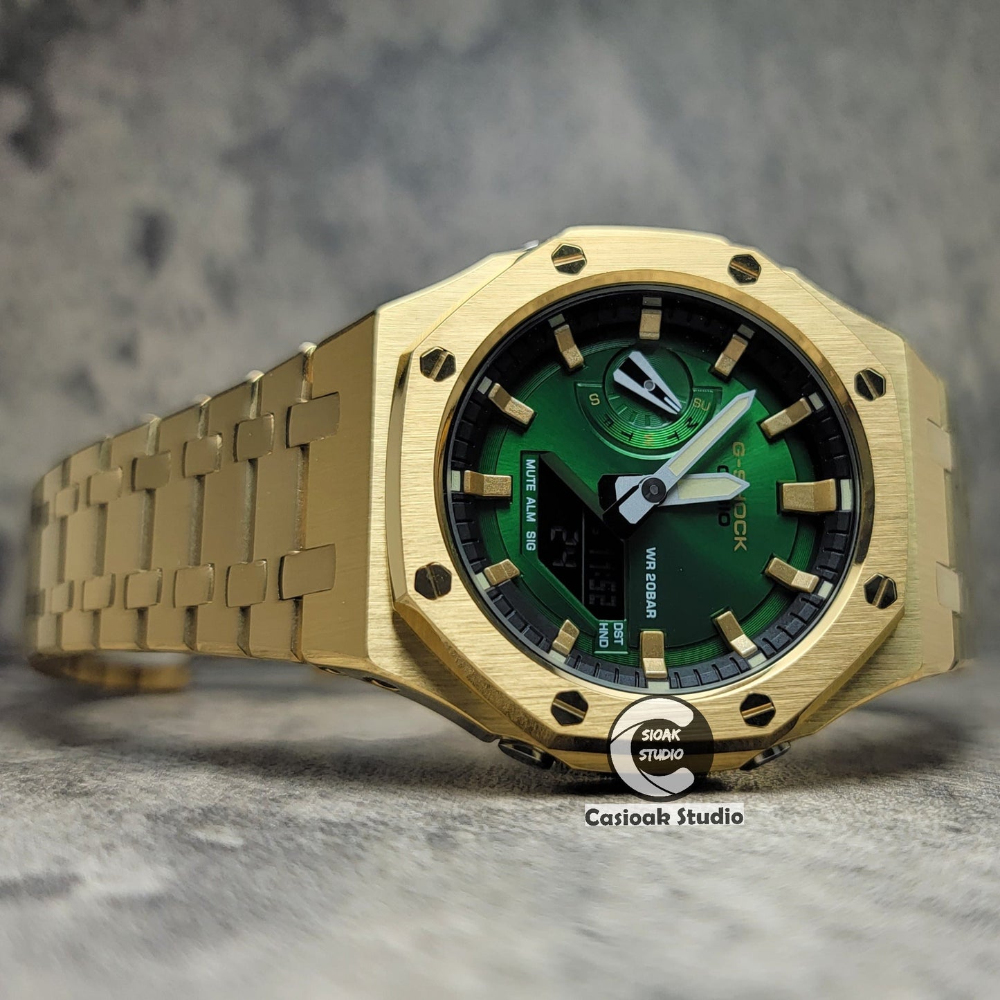 Casioak Mod Gold Case Metal Strap Black Gold Time Mark Green Dial 44mm- Casioak Mod Casio G-Shock Royal Oak Custom Mens Luxury Watches Ga2100