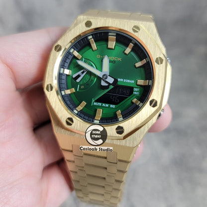 Casioak Mod Gold Case Metal Strap Black Gold Time Mark Green Dial 44mm- Casioak Mod Casio G-Shock Royal Oak Custom Mens Luxury Watches Ga2100