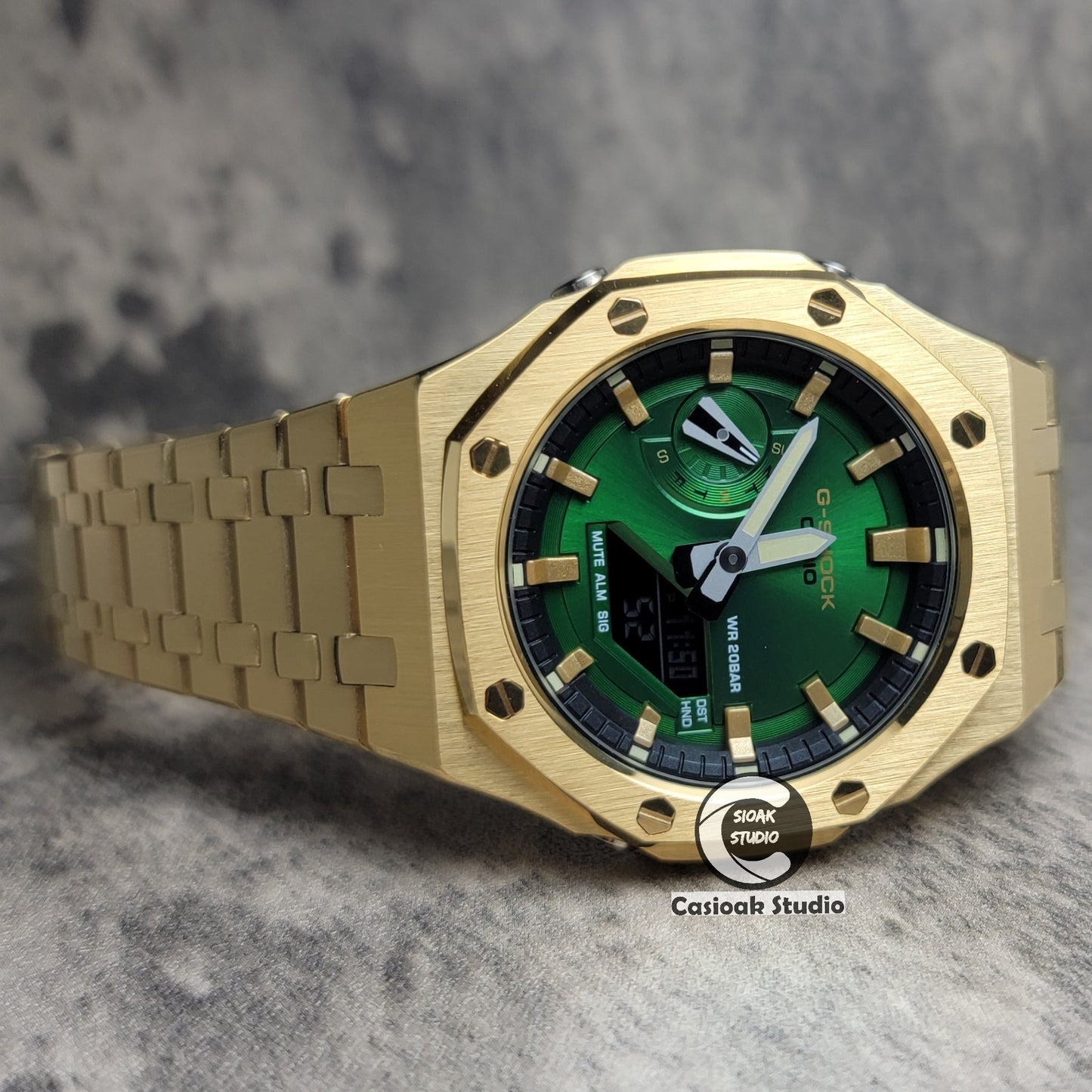 Casioak Mod Gold Case Metal Strap Black Gold Time Mark Green Dial 44mm- Casioak Mod Casio G-Shock Royal Oak Custom Mens Luxury Watches Ga2100