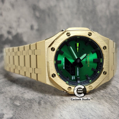 Casioak Mod Gold Case Metal Strap Black Time Mark Green Dial 44mm- Casioak Mod Casio G-Shock Royal Oak Custom Mens Luxury Watches Ga2100