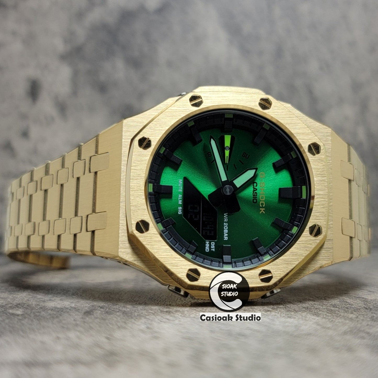 Casioak Mod Gold Case Metal Strap Black Time Mark Green Dial 44mm- Casioak Mod Casio G-Shock Royal Oak Custom Mens Luxury Watches Ga2100