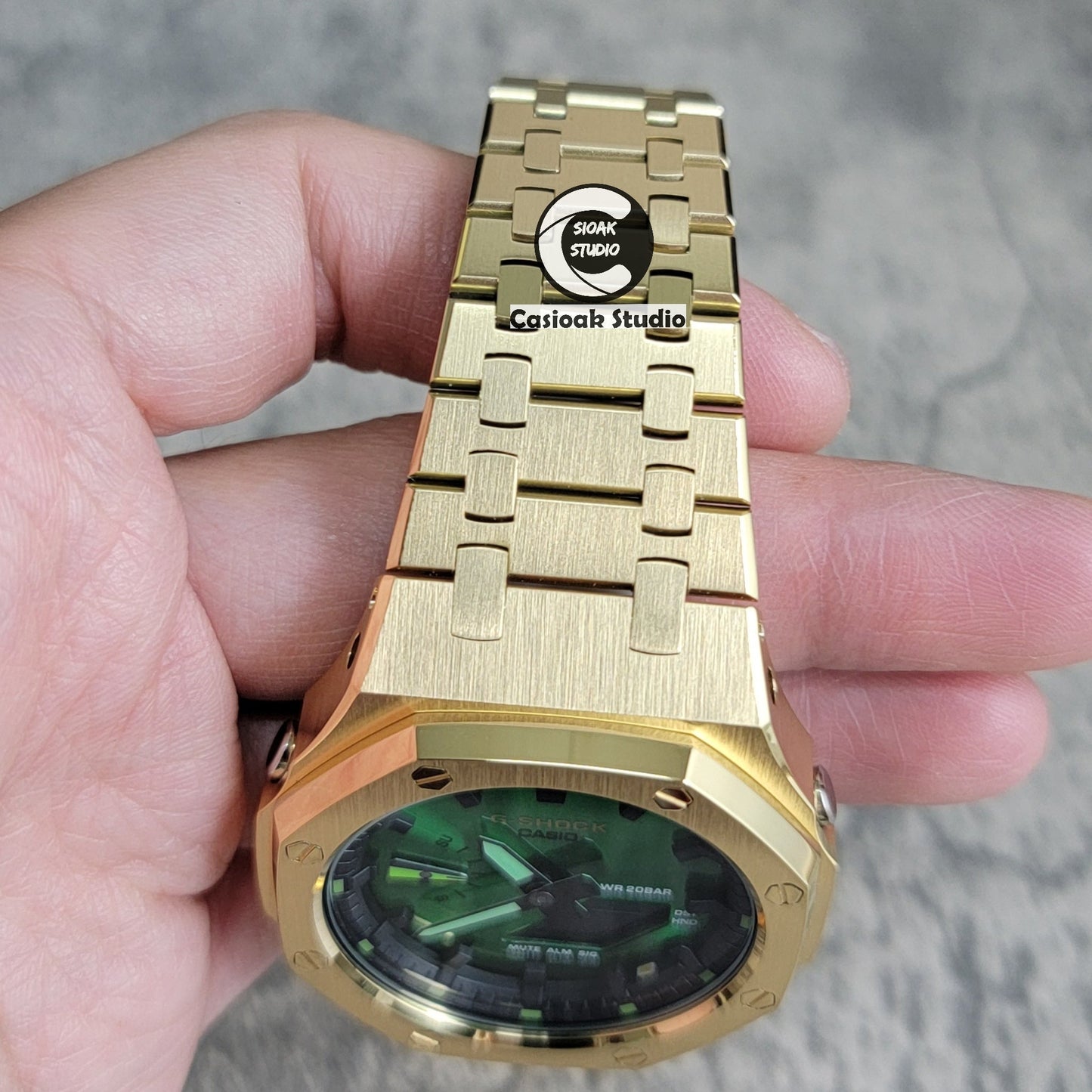 Casioak Mod Gold Case Metal Strap Black Time Mark Green Dial 44mm- Casioak Mod Casio G-Shock Royal Oak Custom Mens Luxury Watches Ga2100