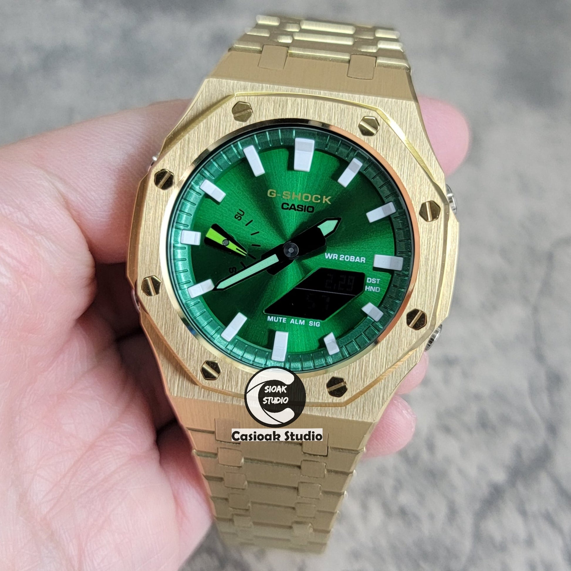 Casioak Mod Gold Case Metal Strap Green White Time Mark Green Dial 44mm- Casioak Mod Casio G-Shock Royal Oak Custom Mens Luxury Watches Ga2100