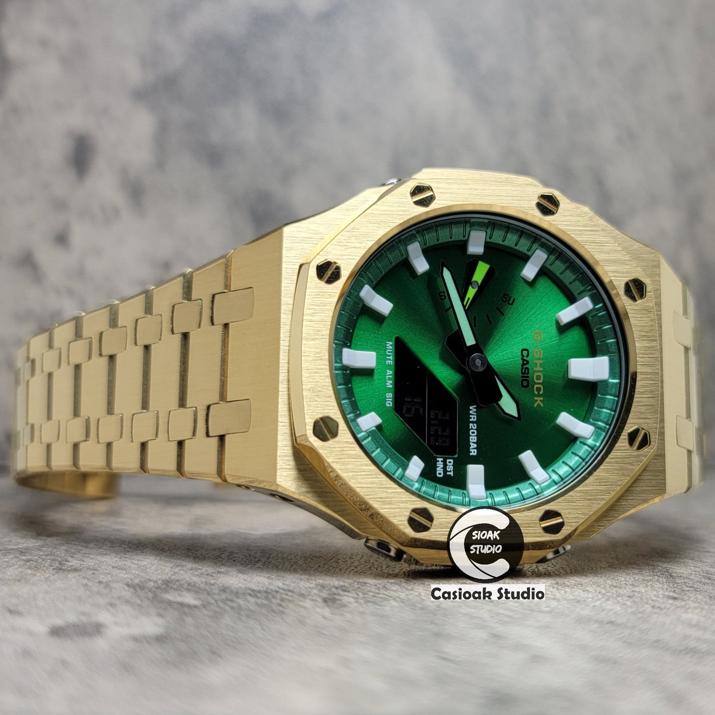 Casioak Mod Gold Case Metal Strap Green White Time Mark Green Dial 44mm- Casioak Mod Casio G-Shock Royal Oak Custom Mens Luxury Watches Ga2100