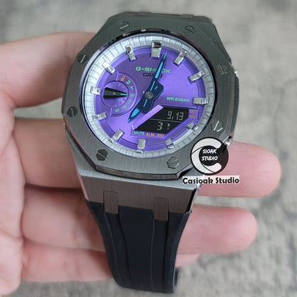 Casioak Mod Gray Case Black Rub Silver Time Mark Purple Dial 44mm- Casioak Mod Casio G-Shock Royal Oak Custom Mens Luxury Watches Ga2100