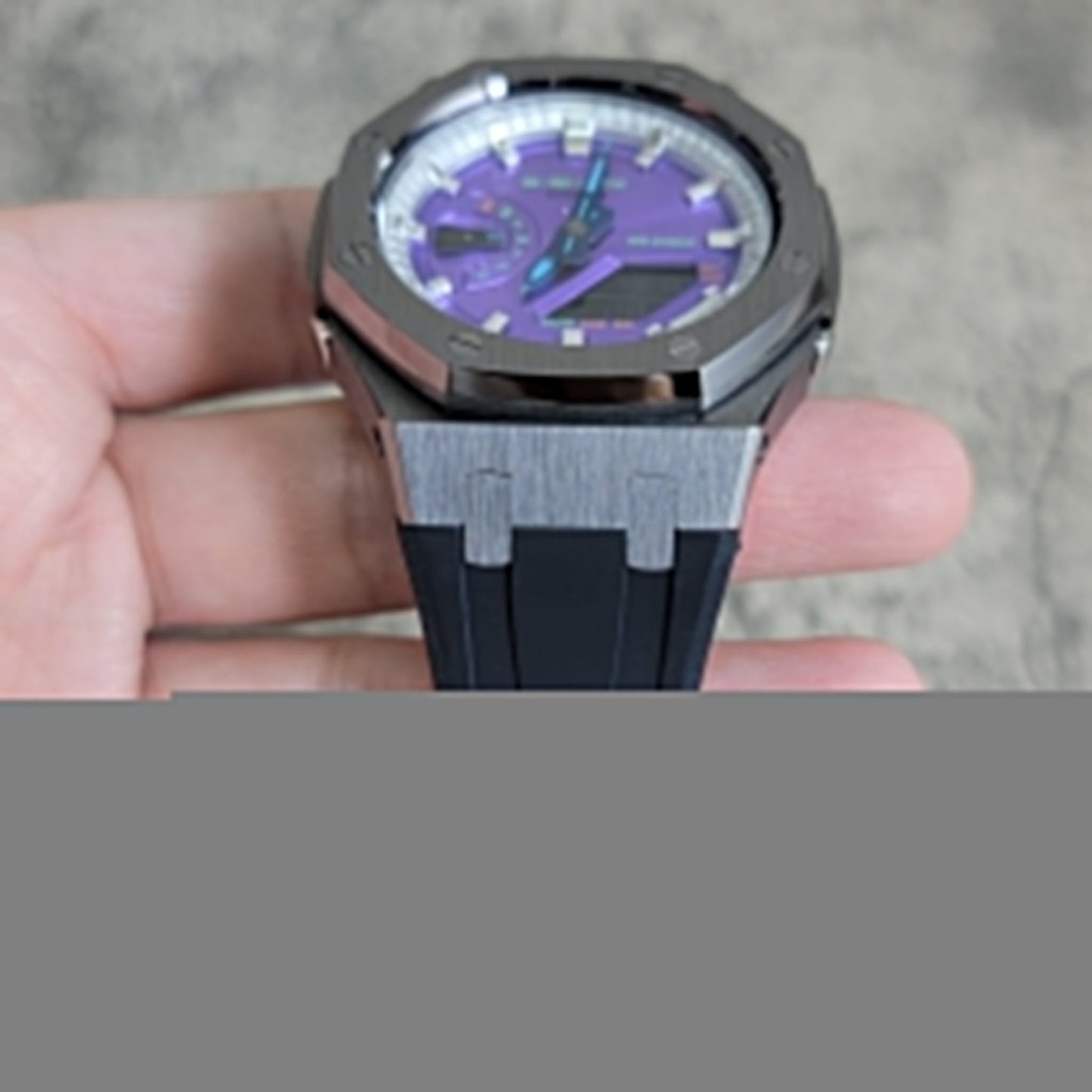Casioak Mod Gray Case Black Rub Silver Time Mark Purple Dial 44mm- Casioak Mod Casio G-Shock Royal Oak Custom Mens Luxury Watches Ga2100