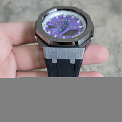 Casioak Mod Gray Case Black Rub Silver Time Mark Purple Dial 44mm- Casioak Mod Casio G-Shock Royal Oak Custom Mens Luxury Watches Ga2100