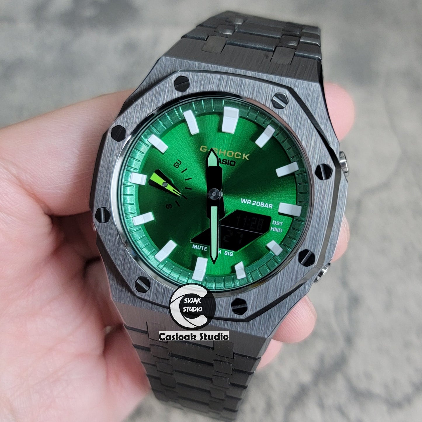 Casioak Mod Gray Case Metal Strap Green White Time Mark Green Dial 44mm- Casioak Mod Casio G-Shock Royal Oak Custom Mens Luxury Watches Ga2100