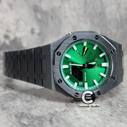 Casioak Mod Gray Case Metal Strap Green White Time Mark Green Dial 44mm- Casioak Mod Casio G-Shock Royal Oak Custom Mens Luxury Watches Ga2100