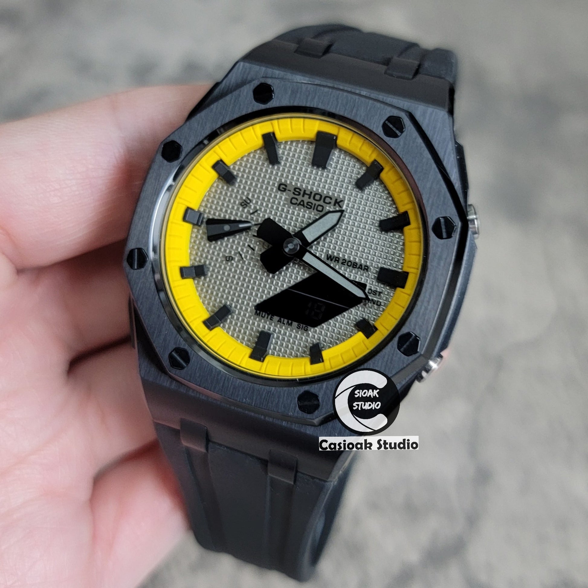 Casioak Mod Offshore Superior Black Case Black Rubber Strap Yellow Black Time Mark Gray Waffle Dial 44mm- Casioak Mod Casio G-Shock Royal Oak Custom Mens Luxury Watches Ga2100