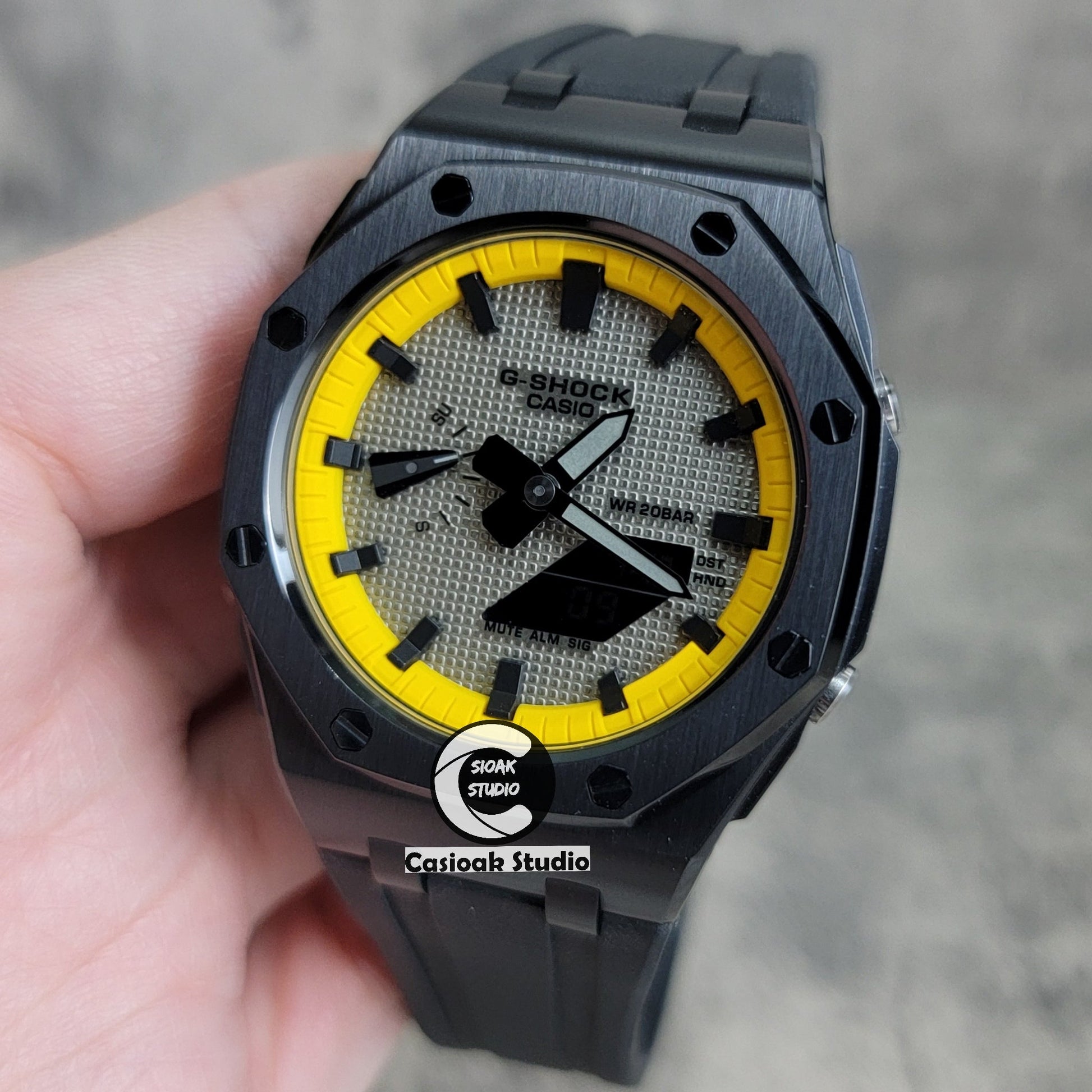 Casioak Mod Offshore Superior Black Case Black Rubber Strap Yellow Black Time Mark Gray Waffle Dial 44mm- Casioak Mod Casio G-Shock Royal Oak Custom Mens Luxury Watches Ga2100