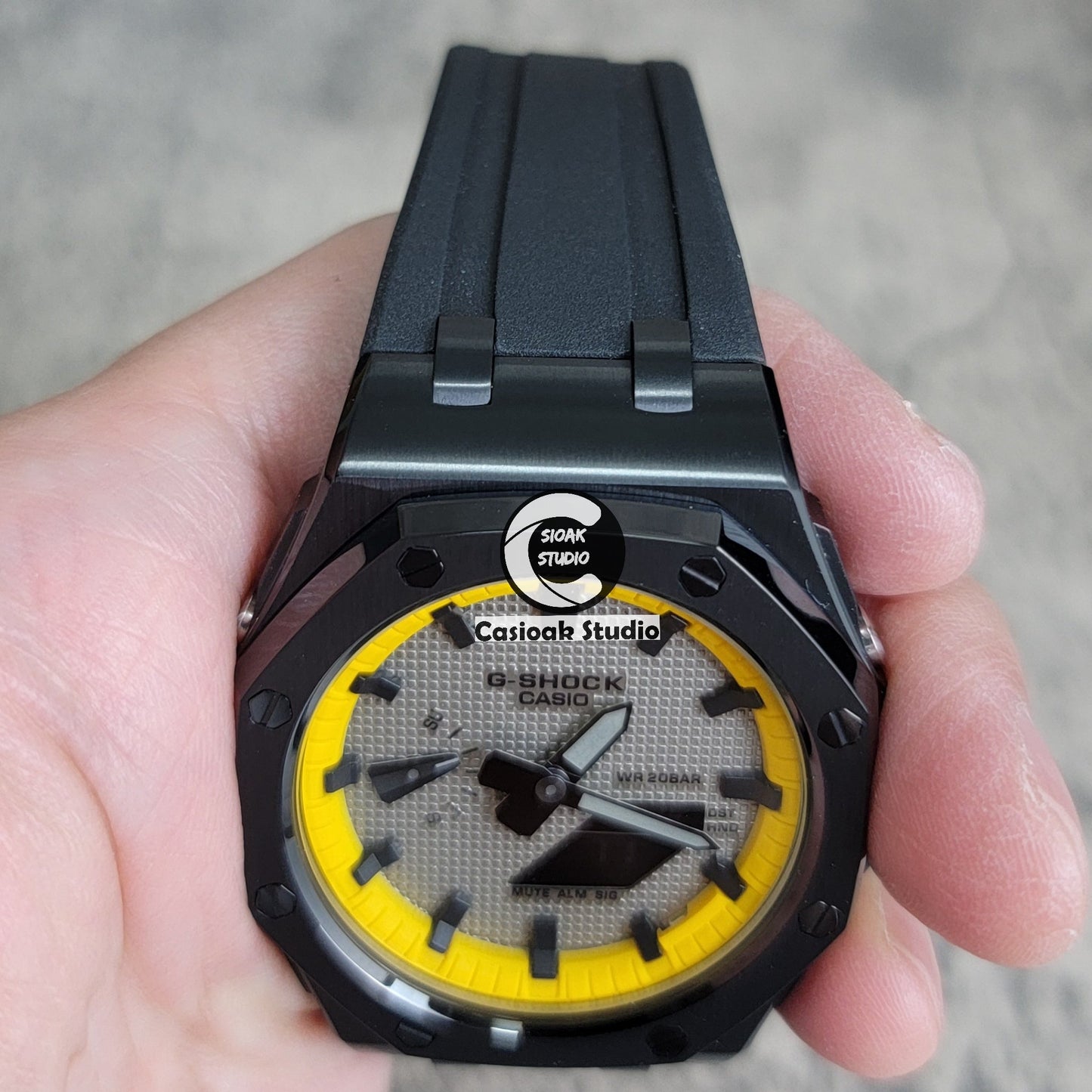 Casioak Mod Offshore Superior Black Case Black Rubber Strap Yellow Black Time Mark Gray Waffle Dial 44mm- Casioak Mod Casio G-Shock Royal Oak Custom Mens Luxury Watches Ga2100