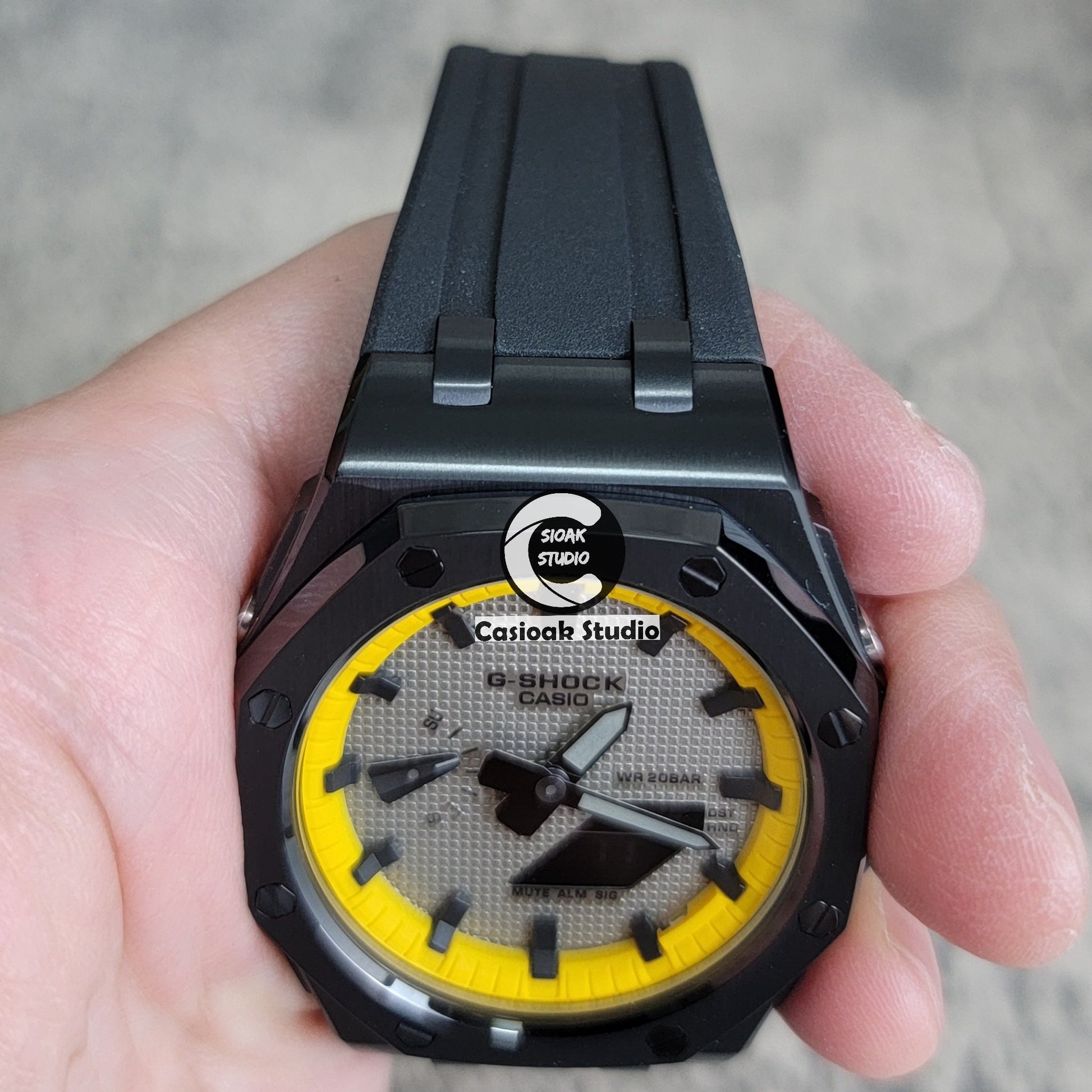 Casioak Mod Offshore Superior Black Case Black Rubber Strap Yellow Black Time Mark Gray Waffle Dial 44mm- Casioak Mod Casio G-Shock Royal Oak Custom Mens Luxury Watches Ga2100