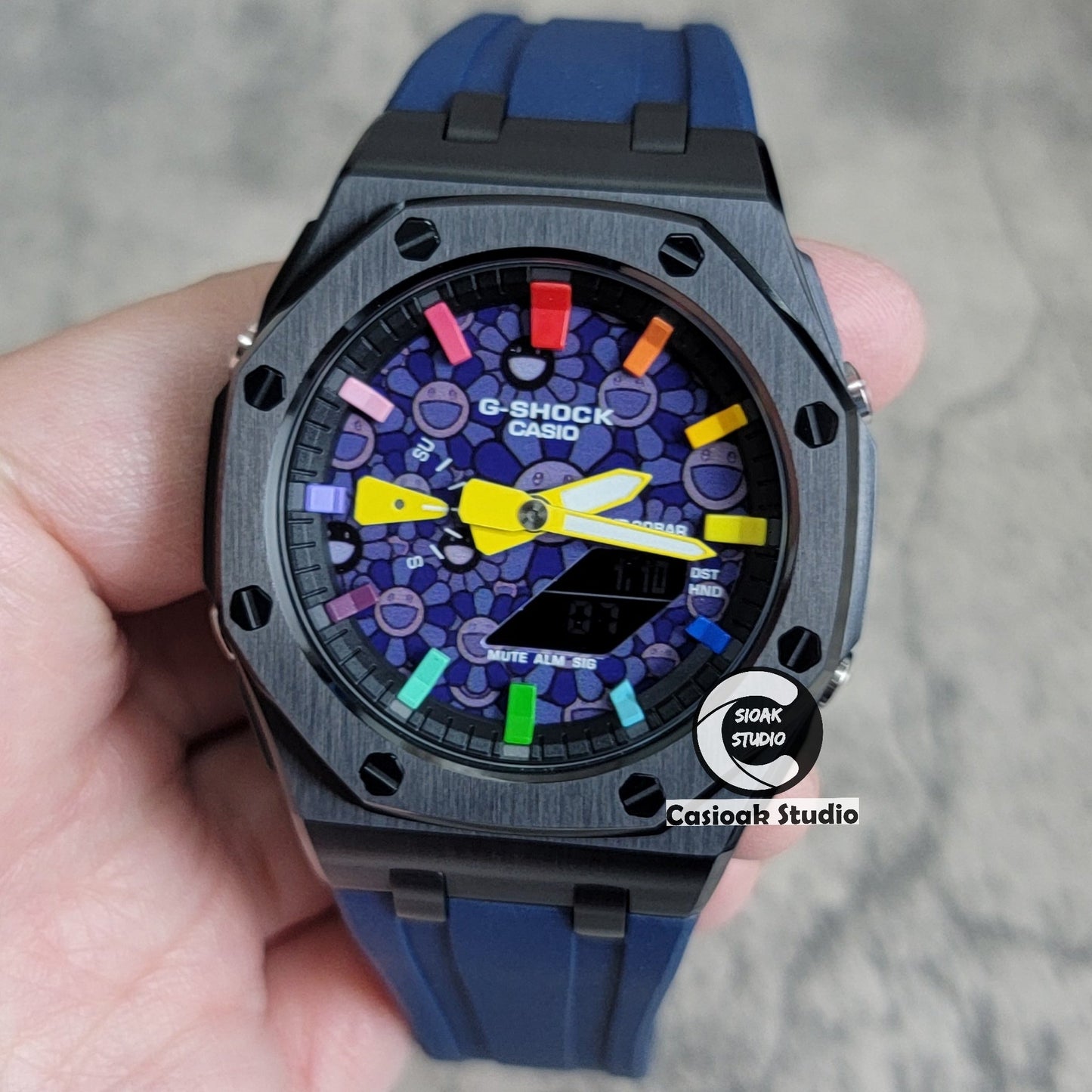 Casioak Mod Offshore Superior Black Case Blue Rubber Strap Black Rainbow Time Mark Takashi Murakami Dial 44mm- Casioak Mod Casio G-Shock Royal Oak Custom Mens Luxury Watches Ga2100