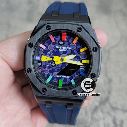 Casioak Mod Offshore Superior Black Case Blue Rubber Strap Black Rainbow Time Mark Takashi Murakami Dial 44mm- Casioak Mod Casio G-Shock Royal Oak Custom Mens Luxury Watches Ga2100