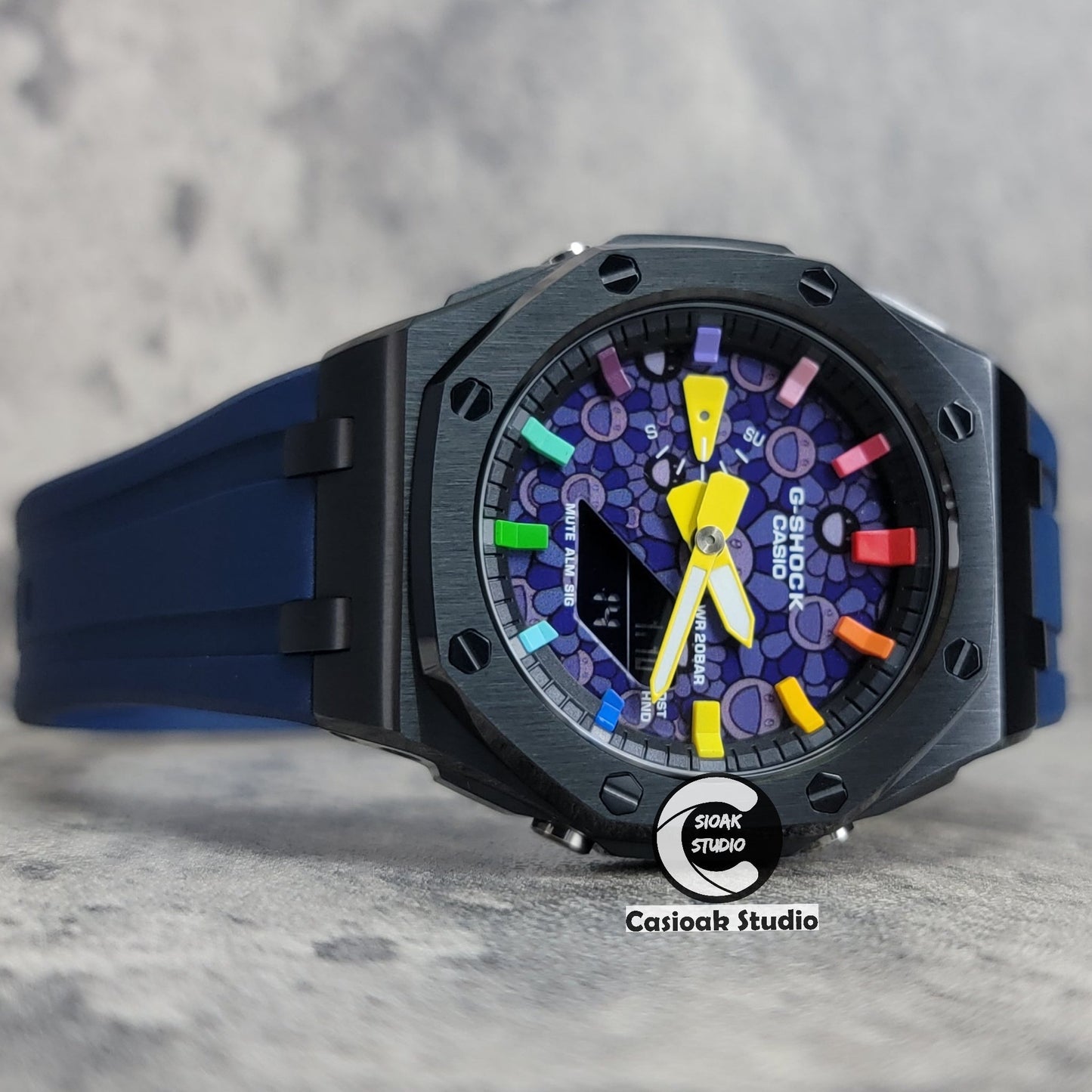 Casioak Mod Offshore Superior Black Case Blue Rubber Strap Black Rainbow Time Mark Takashi Murakami Dial 44mm- Casioak Mod Casio G-Shock Royal Oak Custom Mens Luxury Watches Ga2100