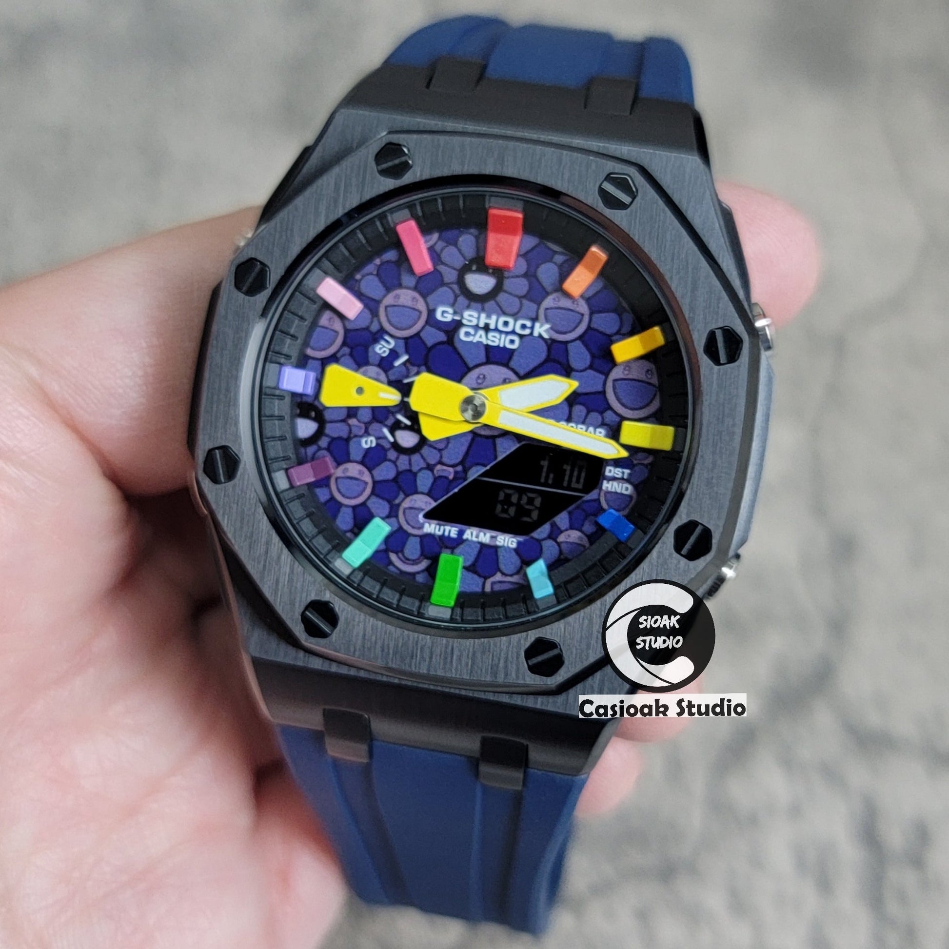 Casioak Mod Offshore Superior Black Case Blue Rubber Strap Black Rainbow Time Mark Takashi Murakami Dial 44mm- Casioak Mod Casio G-Shock Royal Oak Custom Mens Luxury Watches Ga2100