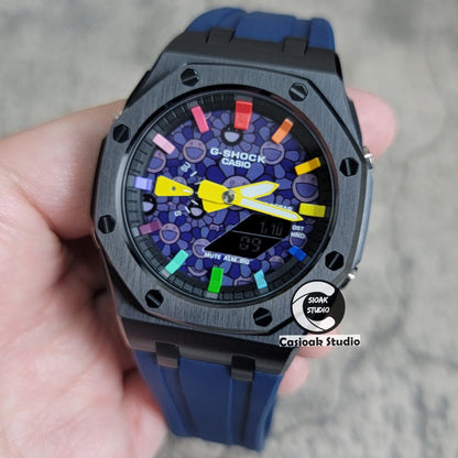 Casioak Mod Offshore Superior Black Case Blue Rubber Strap Black Rainbow Time Mark Takashi Murakami Dial 44mm- Casioak Mod Casio G-Shock Royal Oak Custom Mens Luxury Watches Ga2100