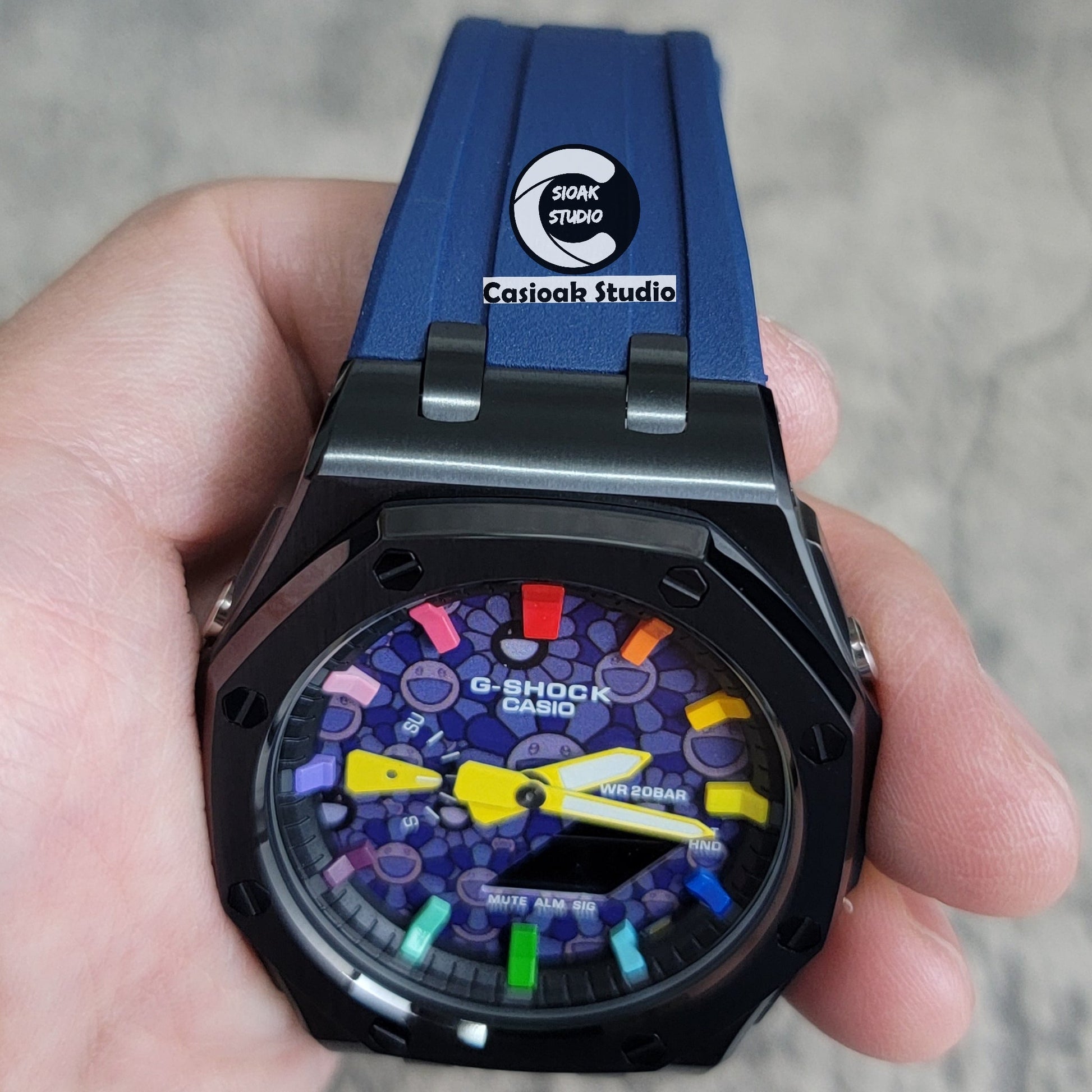 Casioak Mod Offshore Superior Black Case Blue Rubber Strap Black Rainbow Time Mark Takashi Murakami Dial 44mm- Casioak Mod Casio G-Shock Royal Oak Custom Mens Luxury Watches Ga2100