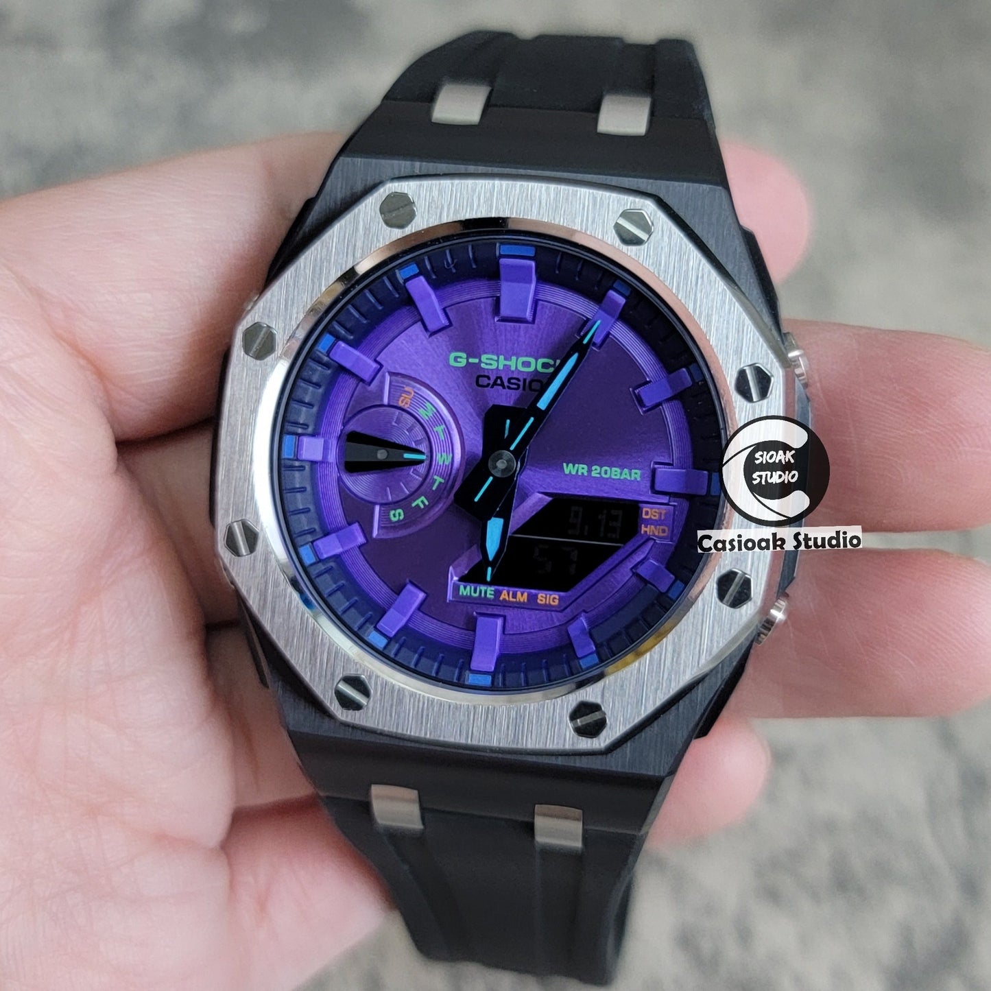 Casioak Mod Offshore Superior Black Silver Case Black Rubber Strap Purple Time Mark Purple Dial 44mm- Casioak Mod Casio G-Shock Royal Oak Custom Mens Luxury Watches Ga2100