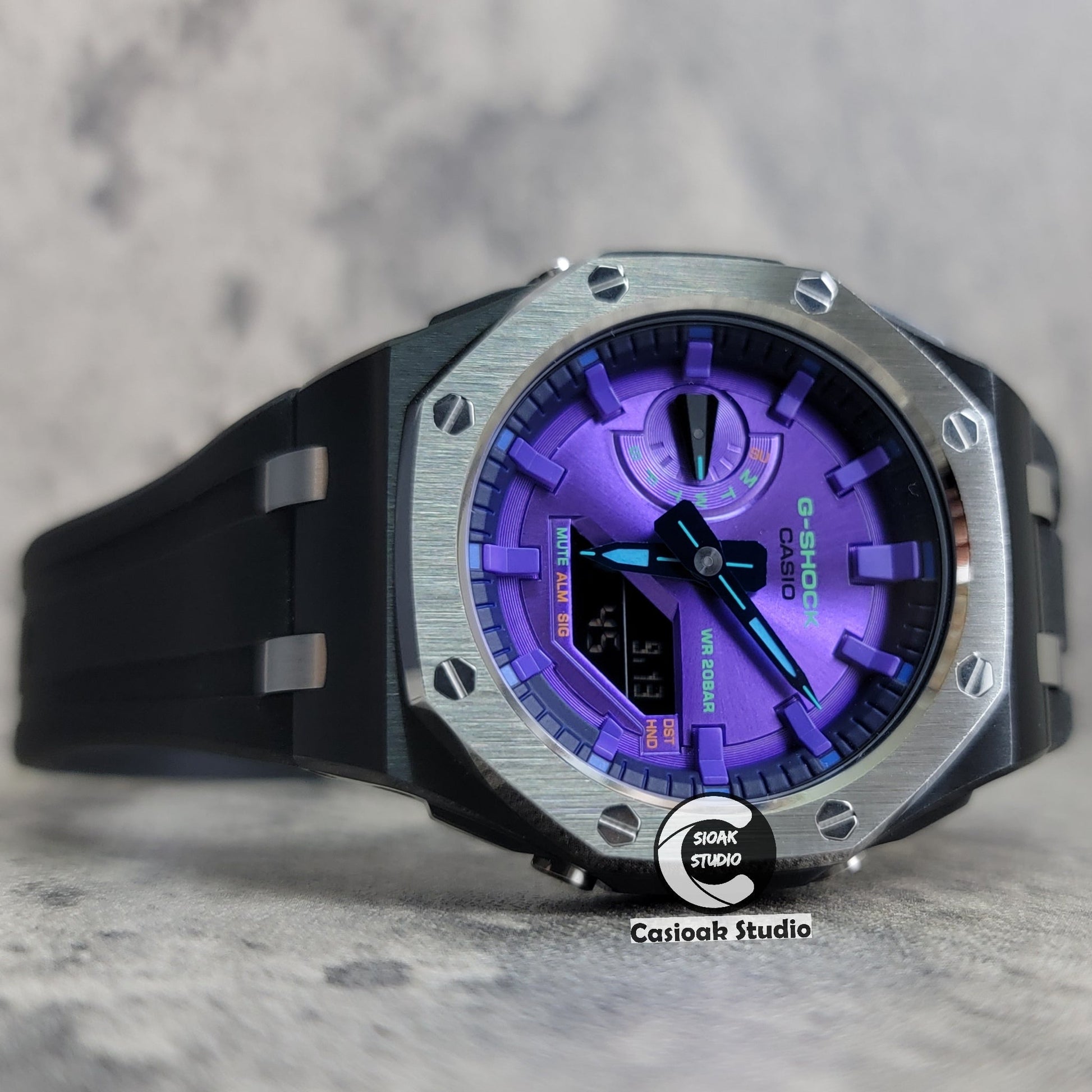 Casioak Mod Offshore Superior Black Silver Case Black Rubber Strap Purple Time Mark Purple Dial 44mm- Casioak Mod Casio G-Shock Royal Oak Custom Mens Luxury Watches Ga2100