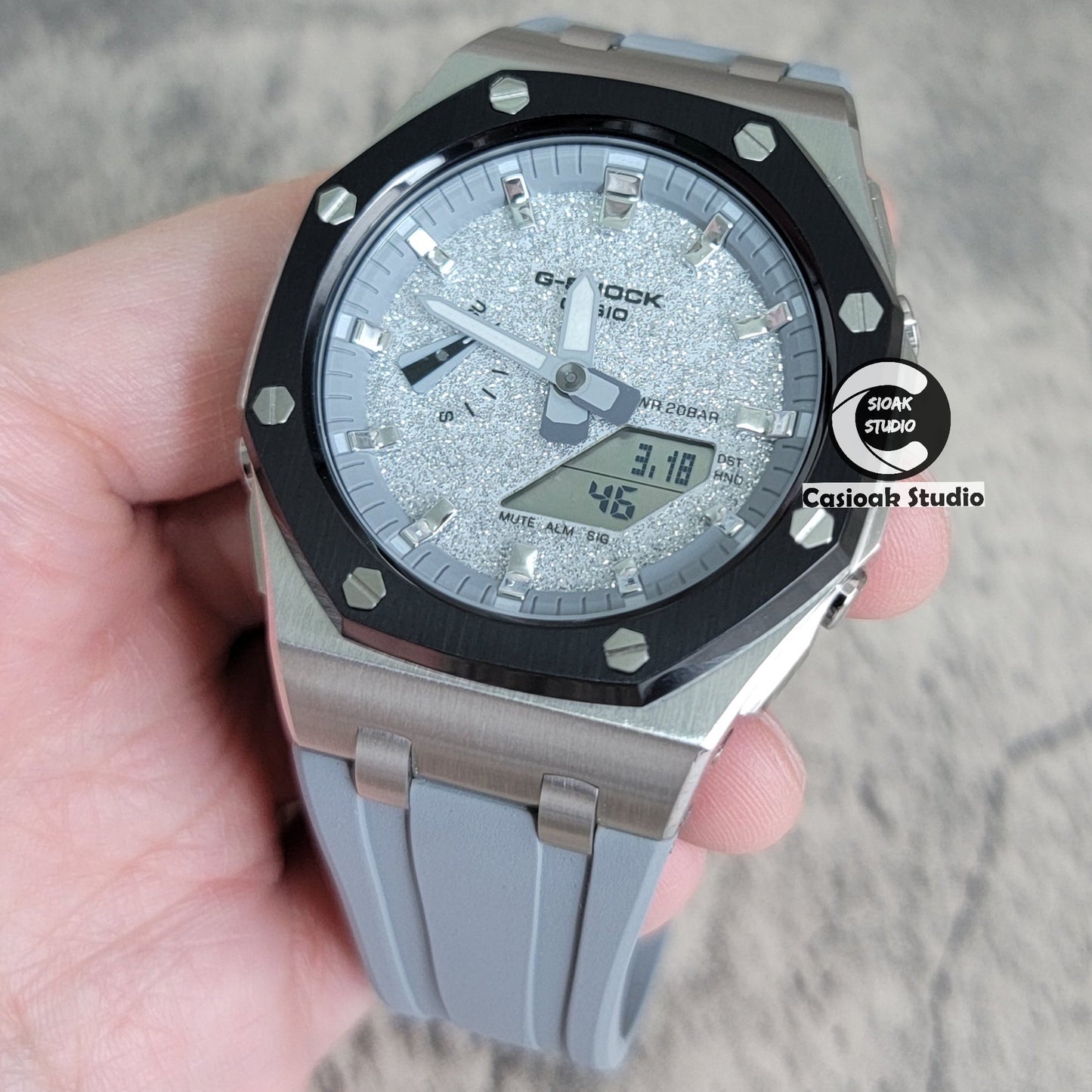 Casioak Mod Offshore Superior Black Silver Case Gray Rubber Strap Gray Time Mark Starry Silver Gray Dial 44mm- Casioak Mod Casio G-Shock Royal Oak Custom Mens Luxury Watches Ga2100