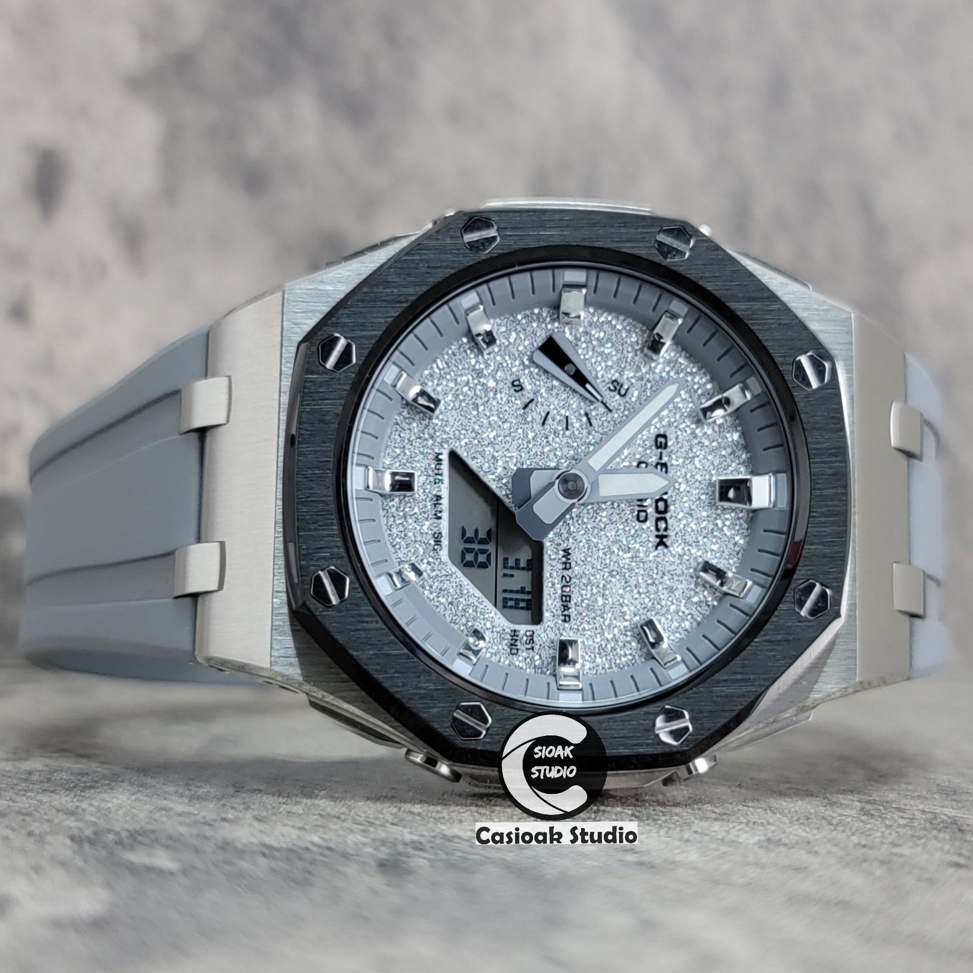 Casioak Mod Offshore Superior Black Silver Case Gray Rubber Strap Gray Time Mark Starry Silver Gray Dial 44mm- Casioak Mod Casio G-Shock Royal Oak Custom Mens Luxury Watches Ga2100