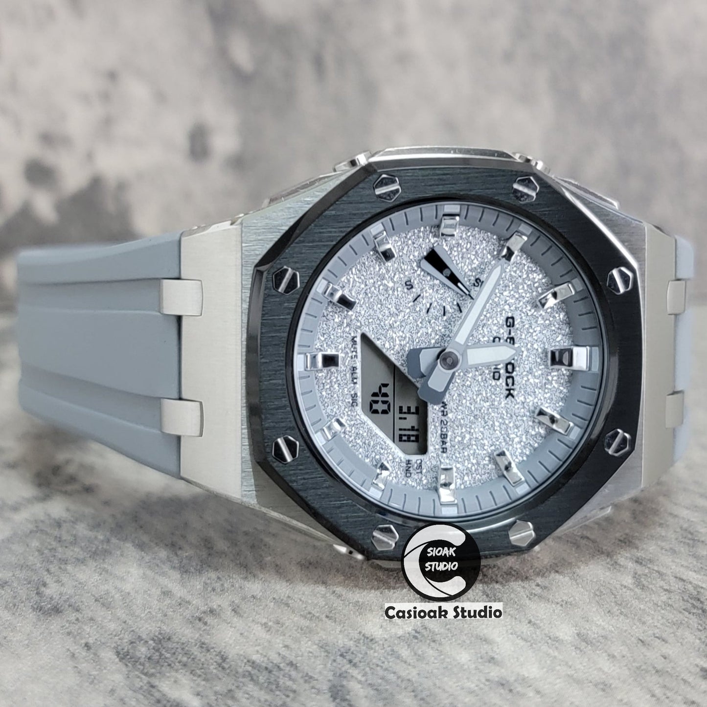 Casioak Mod Offshore Superior Black Silver Case Gray Rubber Strap Gray Time Mark Starry Silver Gray Dial 44mm- Casioak Mod Casio G-Shock Royal Oak Custom Mens Luxury Watches Ga2100