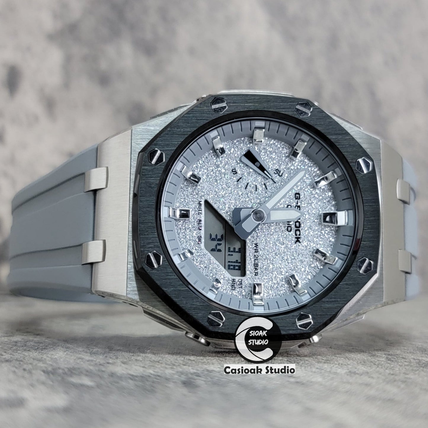 Casioak Mod Offshore Superior Black Silver Case Gray Rubber Strap Gray Time Mark Starry Silver Gray Dial 44mm- Casioak Mod Casio G-Shock Royal Oak Custom Mens Luxury Watches Ga2100