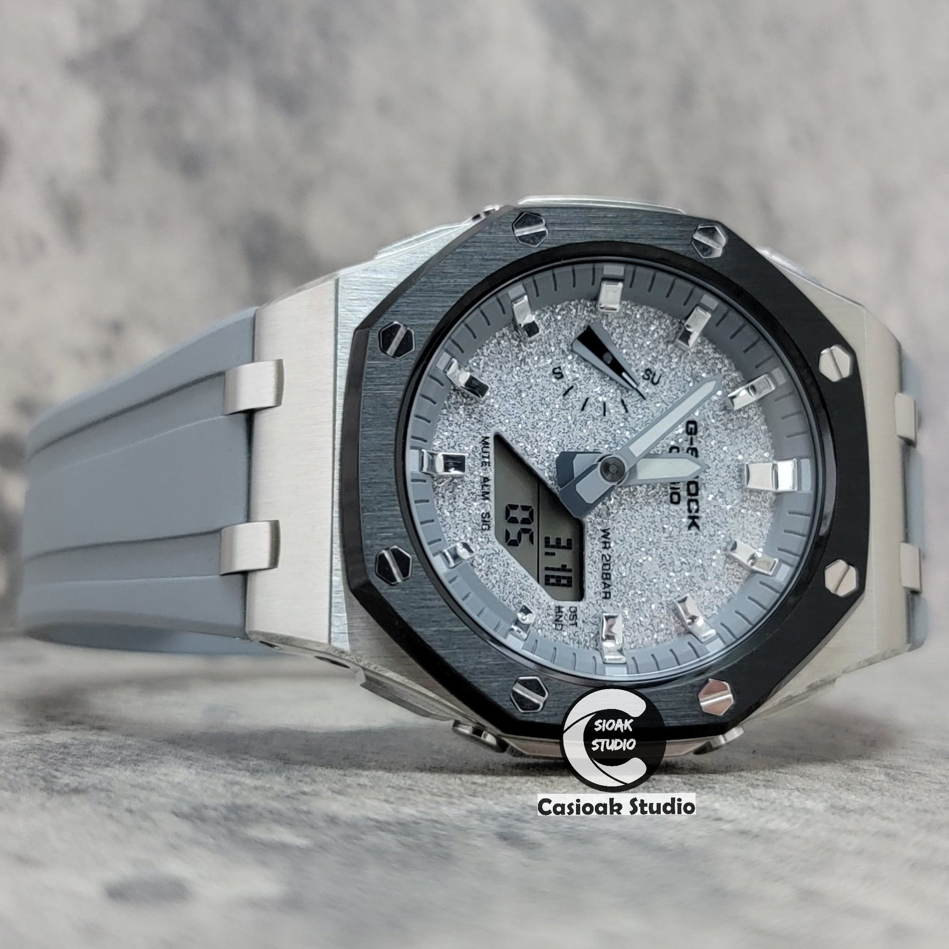 Casioak Mod Offshore Superior Black Silver Case Gray Rubber Strap Gray Time Mark Starry Silver Gray Dial 44mm- Casioak Mod Casio G-Shock Royal Oak Custom Mens Luxury Watches Ga2100