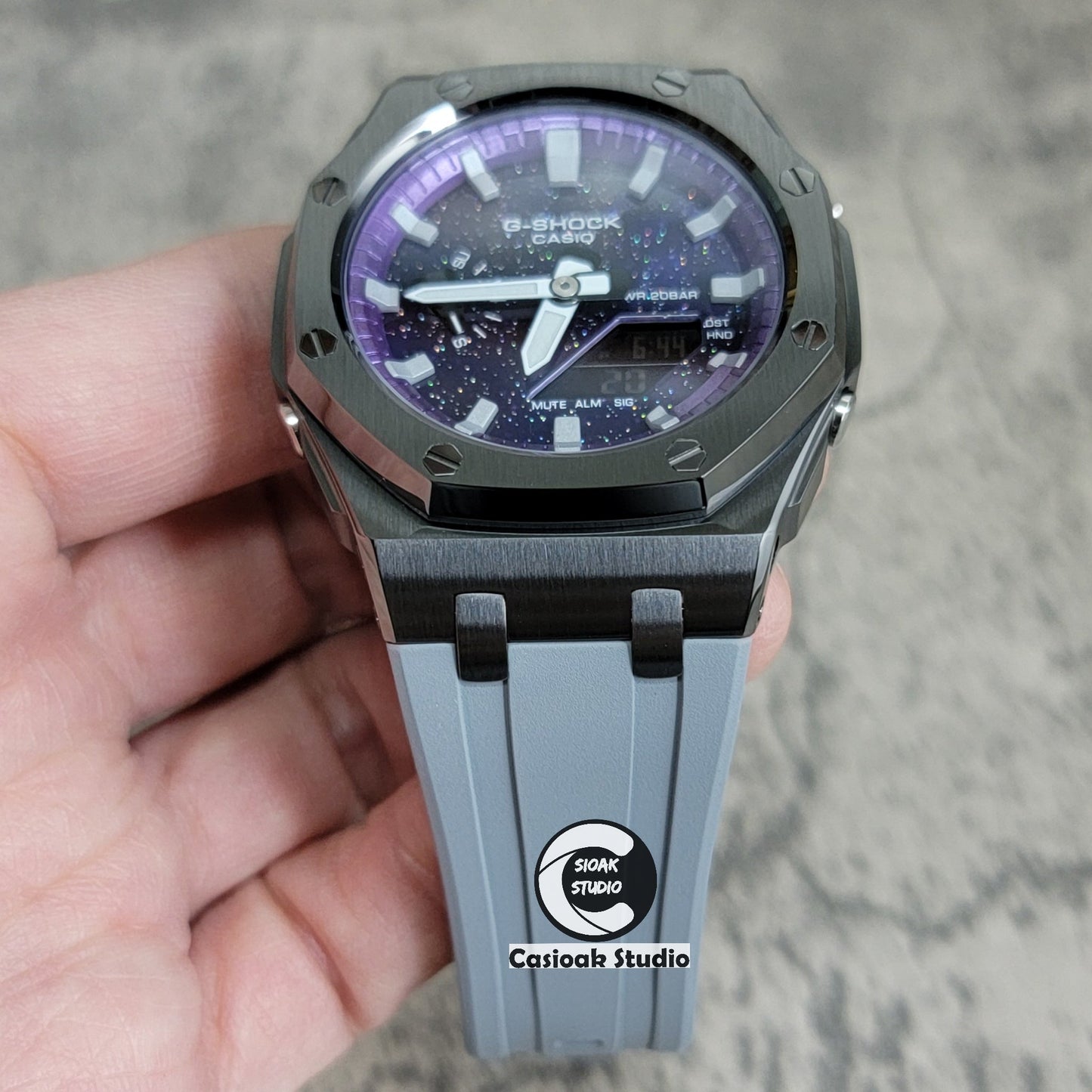 Casioak Mod Offshore Superior Gray Case Gray Rubber Strap Purple Time Mark Purple Dial 44mm- Casioak Mod Casio G-Shock Royal Oak Custom Mens Luxury Watches Ga2100