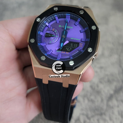 Casioak Mod Rose Gold Black Case Black Rub Purple Time Mark Purple Dial 44mm- Casioak Mod Casio G-Shock Royal Oak Custom Mens Luxury Watches Ga2100