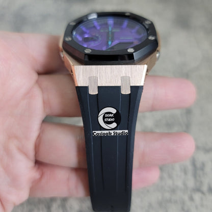 Casioak Mod Rose Gold Black Case Black Rub Purple Time Mark Purple Dial 44mm- Casioak Mod Casio G-Shock Royal Oak Custom Mens Luxury Watches Ga2100