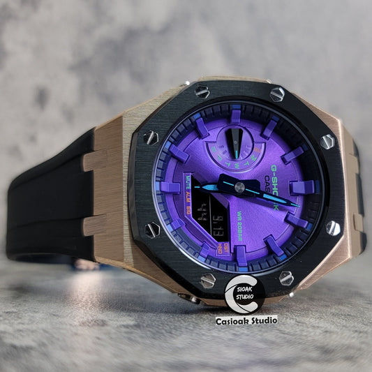 Casioak Mod Rose Gold Black Case Black Rub Purple Time Mark Purple Dial 44mm- Casioak Mod Casio G-Shock Royal Oak Custom Mens Luxury Watches Ga2100