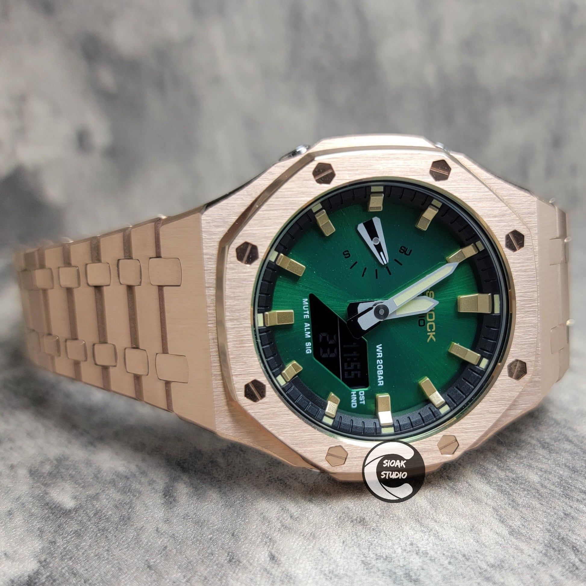 Casioak Mod Rose Gold Case Metal Strap Black Gold Time Mark Green Dial 44mm- Casioak Mod Casio G-Shock Royal Oak Custom Mens Luxury Watches Ga2100