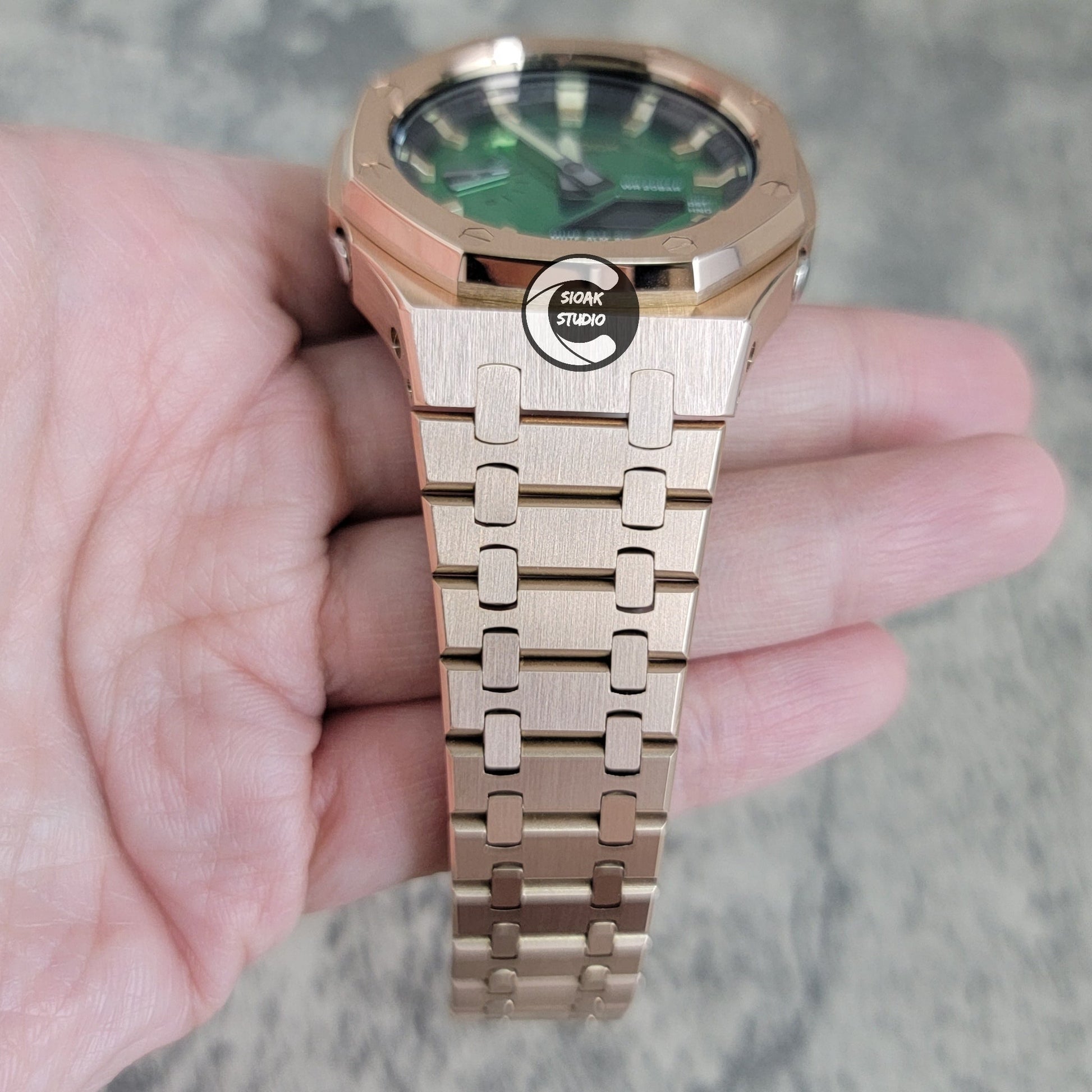 Casioak Mod Rose Gold Case Metal Strap Black Gold Time Mark Green Dial 44mm- Casioak Mod Casio G-Shock Royal Oak Custom Mens Luxury Watches Ga2100