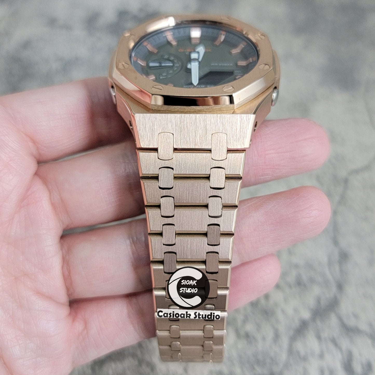 Casioak Mod Rose Gold Case Metal Strap Black Rose Gold Time Mark Olive Green Dial 44mm- Casioak Mod Casio G-Shock Royal Oak Custom Mens Luxury Watches Ga2100