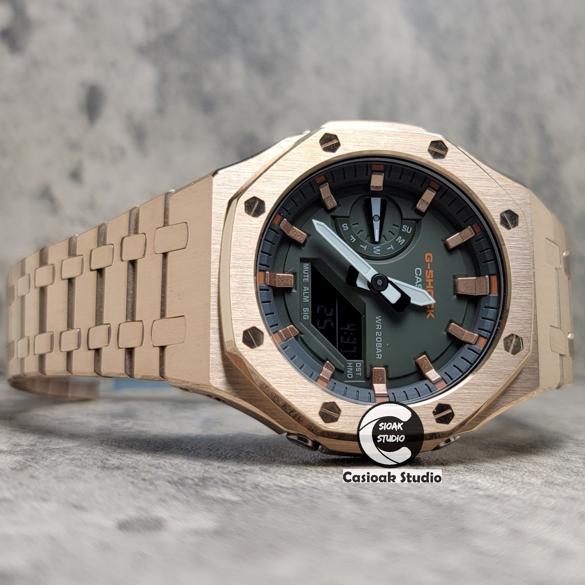 Casioak Mod Rose Gold Case Metal Strap Black Rose Gold Time Mark Olive Green Dial 44mm- Casioak Mod Casio G-Shock Royal Oak Custom Mens Luxury Watches Ga2100