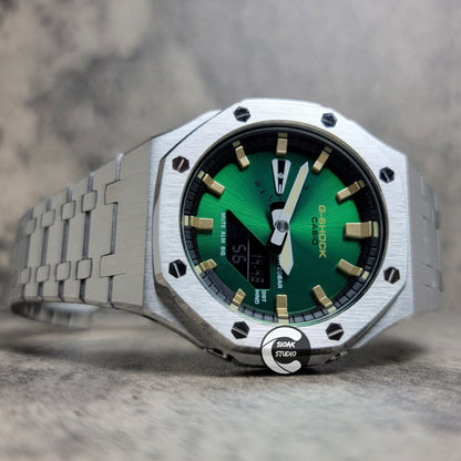 Casioak Mod Silver Case Metal Strap Black Gold Time Mark Green Dial 44mm- Casioak Mod Casio G-Shock Royal Oak Custom Mens Luxury Watches Ga2100