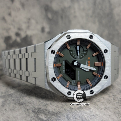 Casioak Mod Silver Case Metal Strap Black Rose Gold Time Mark Olive Green Dial 44mm- Casioak Mod Casio G-Shock Royal Oak Custom Mens Luxury Watches Ga2100