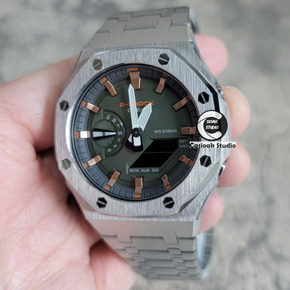 Casioak Mod Silver Case Metal Strap Black Rose Gold Time Mark Olive Green Dial 44mm- Casioak Mod Casio G-Shock Royal Oak Custom Mens Luxury Watches Ga2100