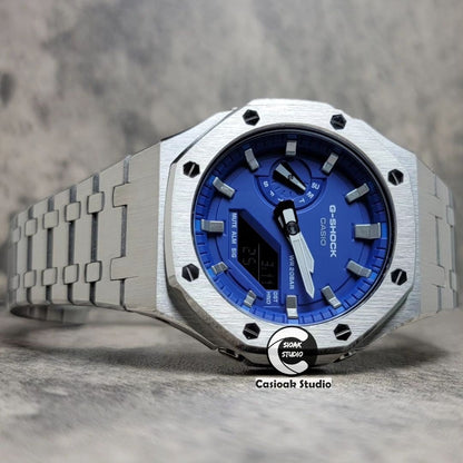 Casioak Mod Silver Case Metal Strap Blue Silver Time Mark Blue Dial 44mm- Casioak Mod Casio G-Shock Royal Oak Custom Mens Luxury Watches Ga2100