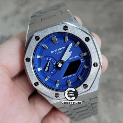 Casioak Mod Silver Case Metal Strap Blue Silver Time Mark Blue Dial 44mm- Casioak Mod Casio G-Shock Royal Oak Custom Mens Luxury Watches Ga2100