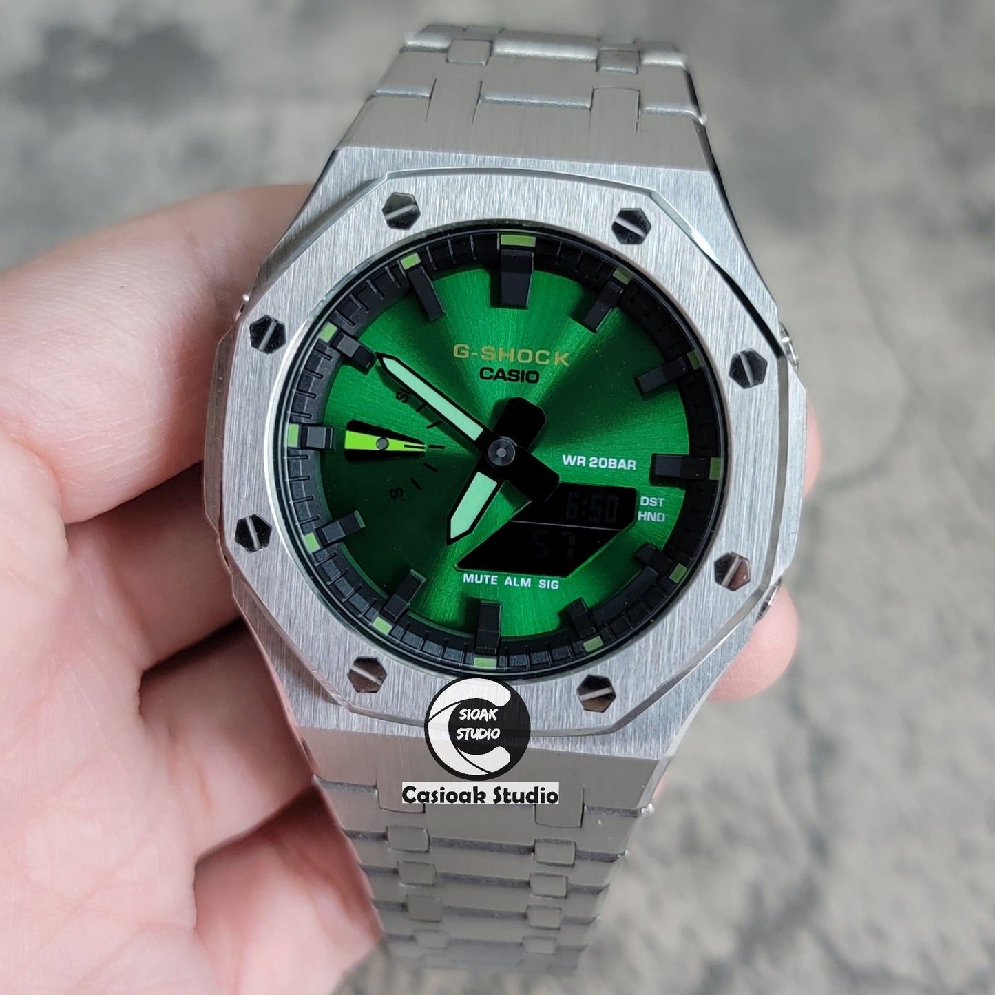 Casioak Mod Silver Case Metal Strap Green Black Time Mark Green Dial 44mm- Casioak Mod Casio G-Shock Royal Oak Custom Mens Luxury Watches Ga2100