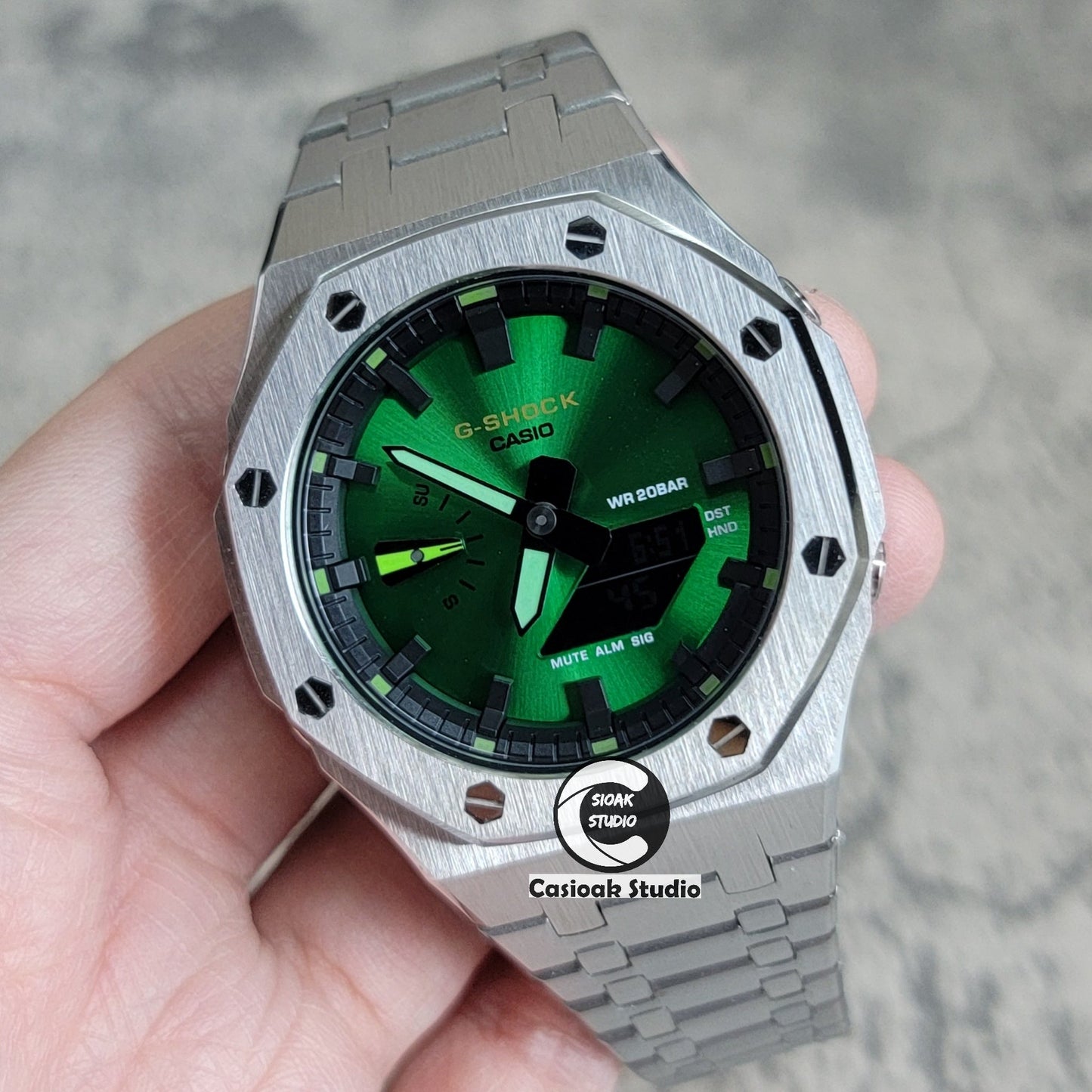 Casioak Mod Silver Case Metal Strap Green Black Time Mark Green Dial 44mm- Casioak Mod Casio G-Shock Royal Oak Custom Mens Luxury Watches Ga2100